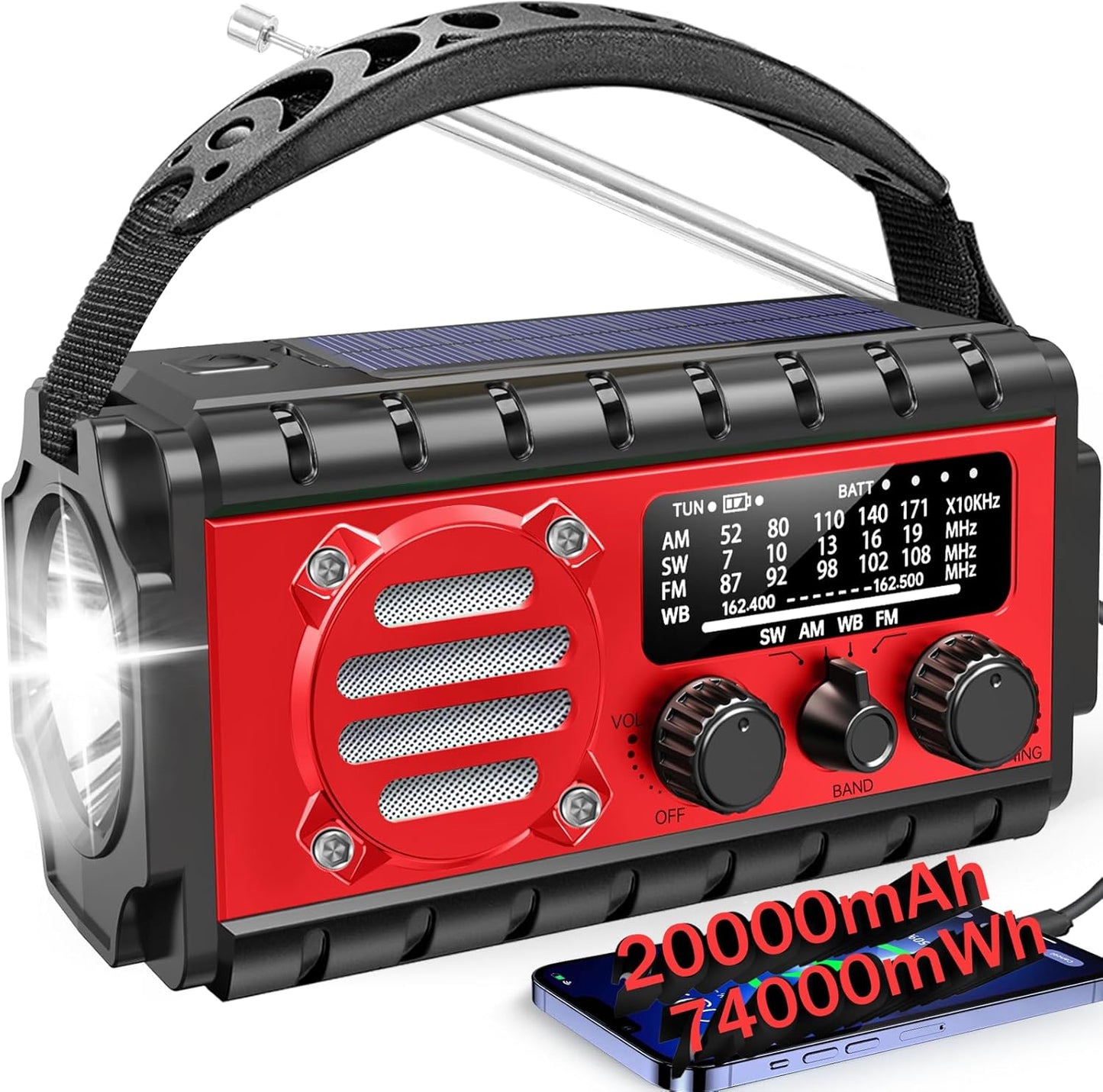 20000mAh Emergency Radio with Solar Power and Hand Crank Charger