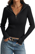 Women's Half Zip Pullover Sweater V Neck Collared Long Sleeve