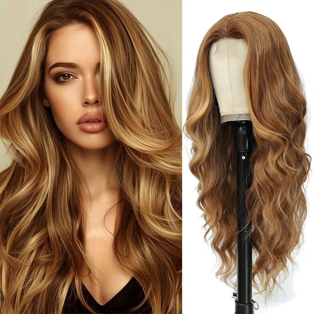 Long Brown Mixed Blonde Wigs for Women with Natural Highlights