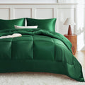 Queen Comforter Set Dark Green Reversible Satin Microfiber - All