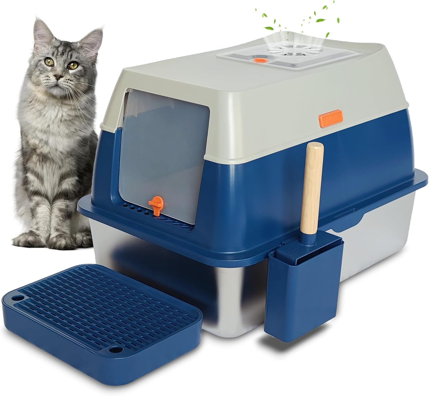 XL Stainless Steel Enclosed Litter Box for Indoor Cats - Blue