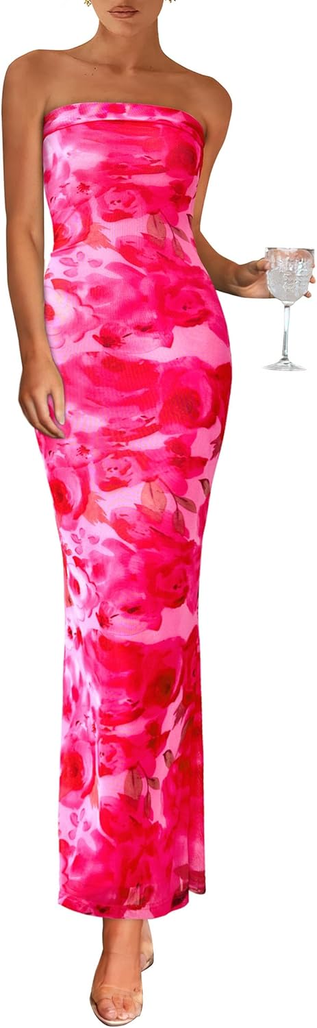 Stunning Floral Summer Tube Maxi Dress for Women Night Out