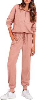 Women's Fall 2 Piece Lounge Set Zip Up Sweatshirt and Joggers - Ribbed