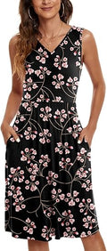 Womens Summer Casual Sleeveless V Neck Midi Dress with Pockets - Cool