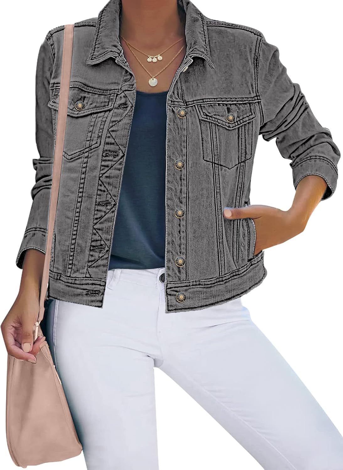 Luvamia Women's Basic Button Down Stretch Fitted Denim Jacket