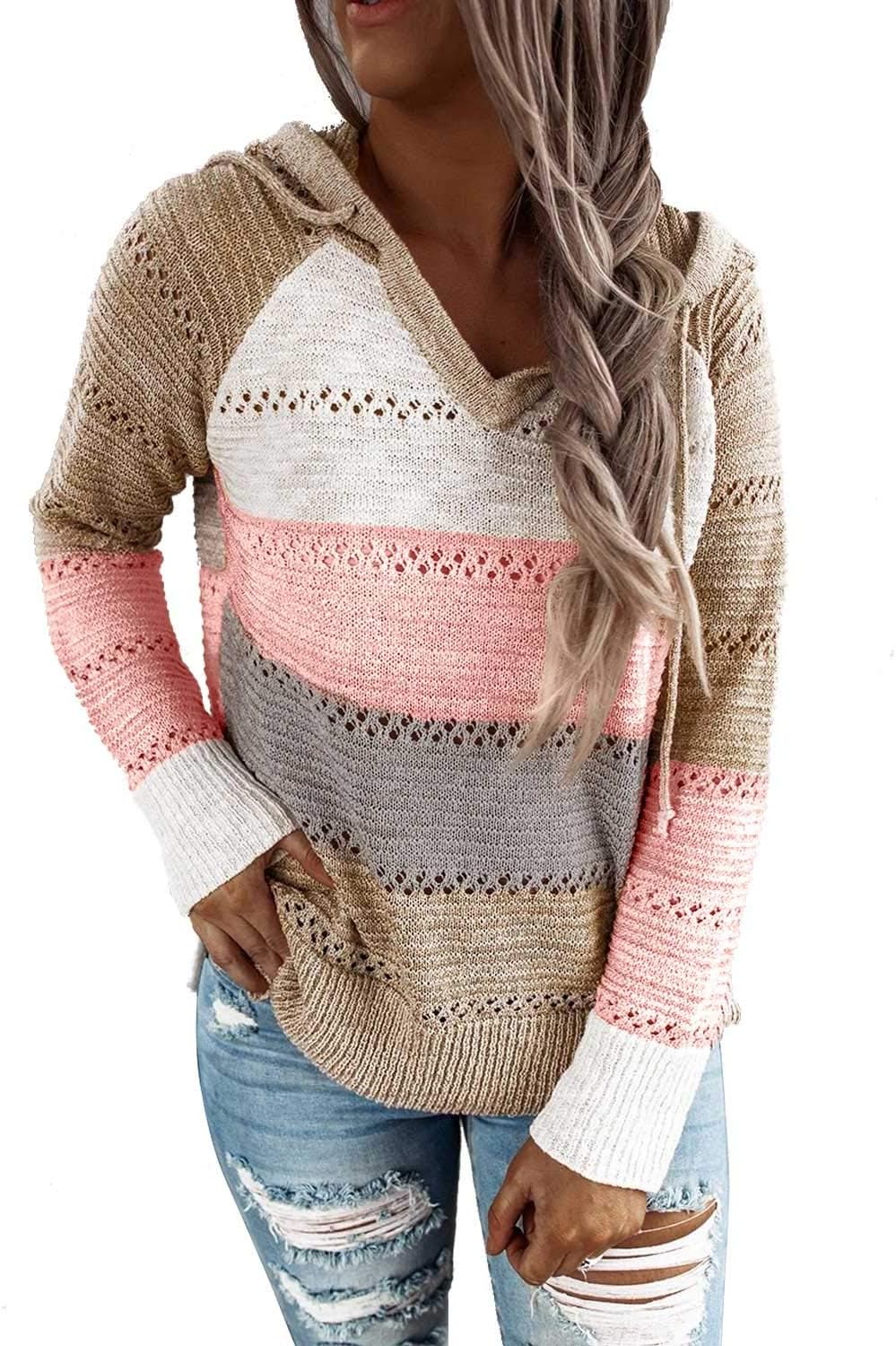 BLENCOT Women Color Block Hooded Crochet Striped Sweater Pullover