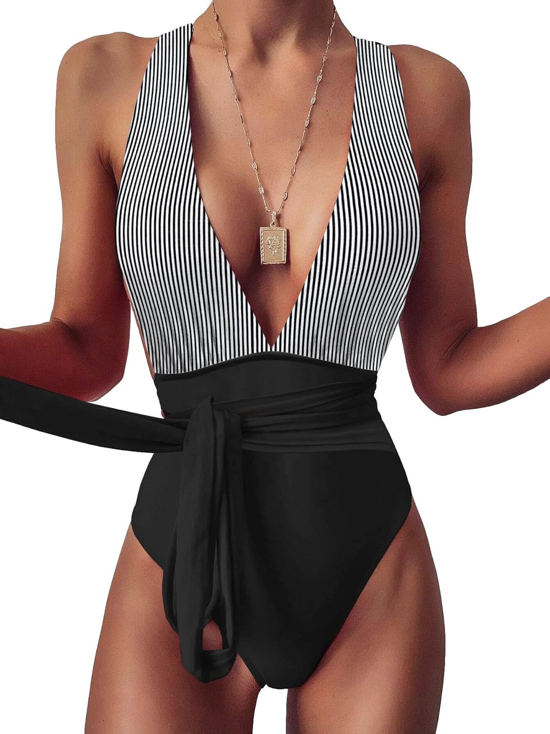 Lilosy Sexy Tie Criss Cross Plunge One Piece Thong Swimsuit