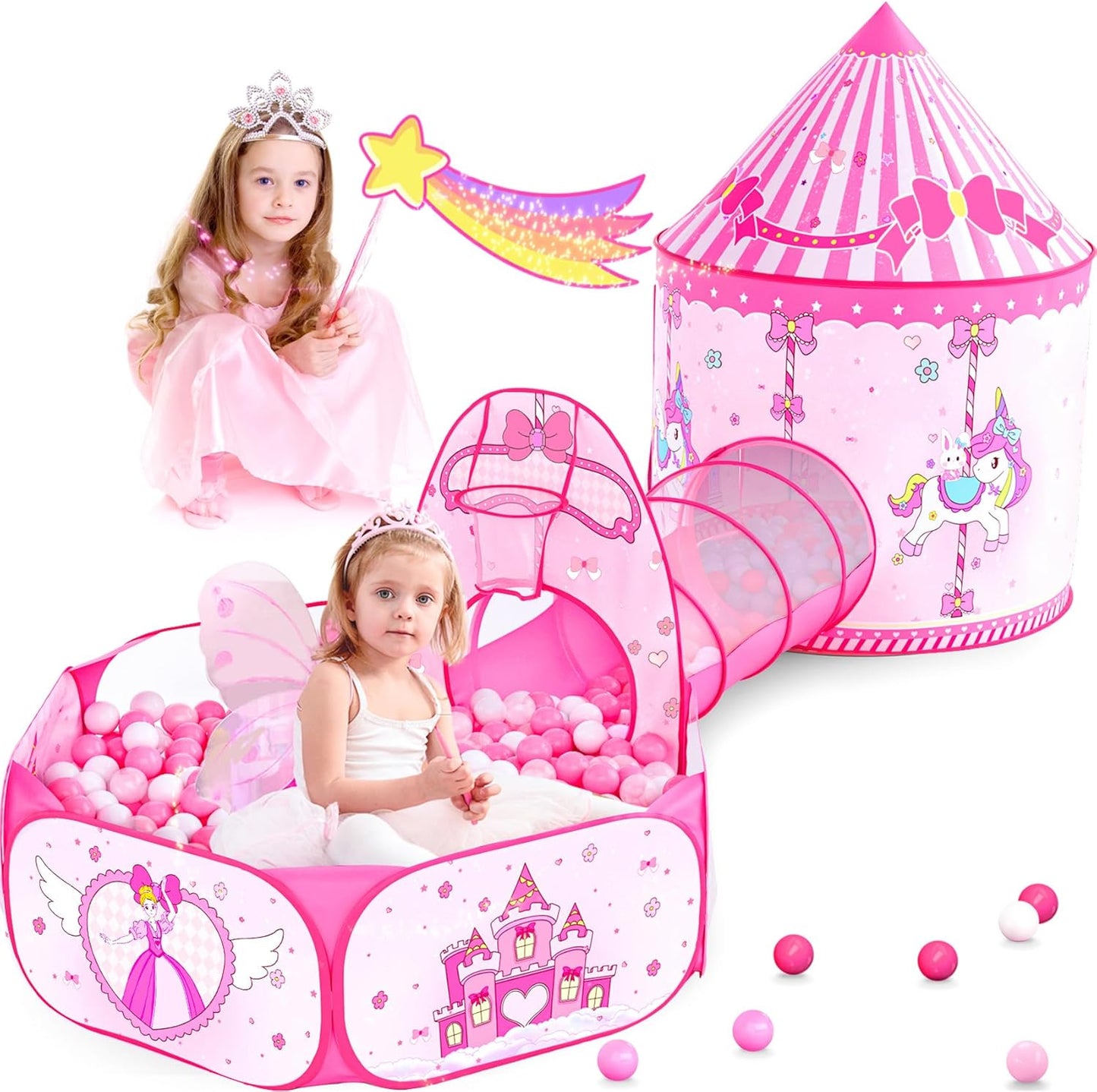 3-in-1 Pink Princess Play Tent: Ball Pit, Tunnel & Castle - Perfect Birthday Gift!