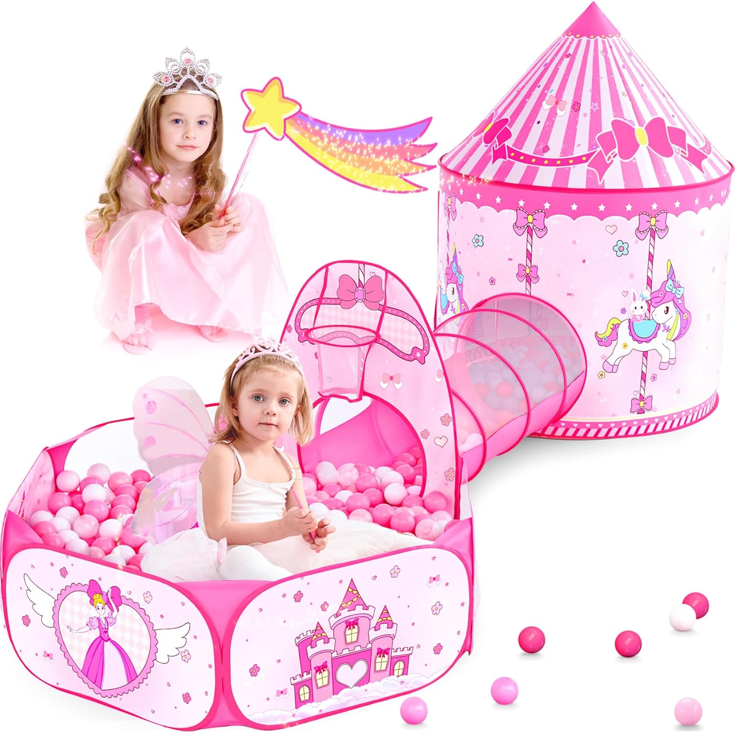 3-in-1 Pink Princess Play Tent: Ball Pit, Tunnel & Castle - Perfect Birthday Gift!