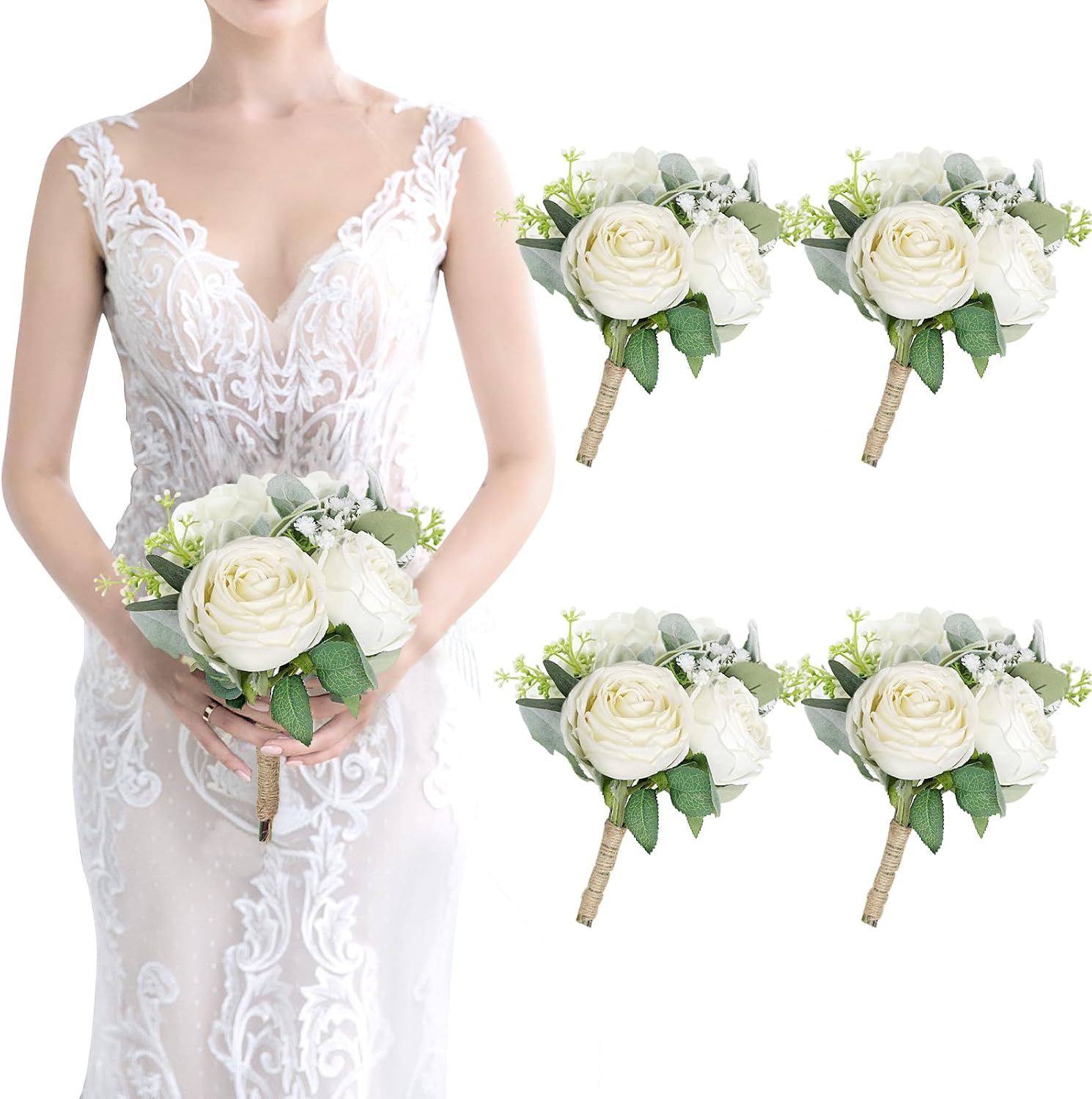 Bridesmaid Bouquets Set of 4 Ivory White Artificial Flowers