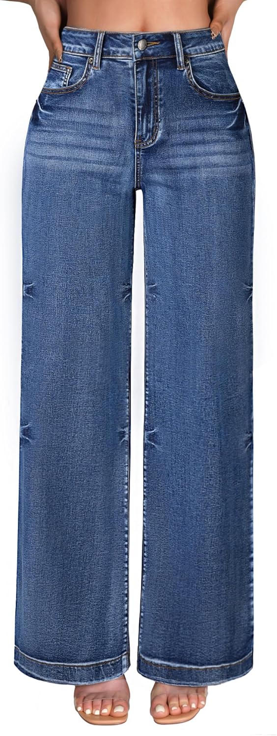 Roswear Women's Wide Leg Jeans High Waisted Stretchy Denim Pants