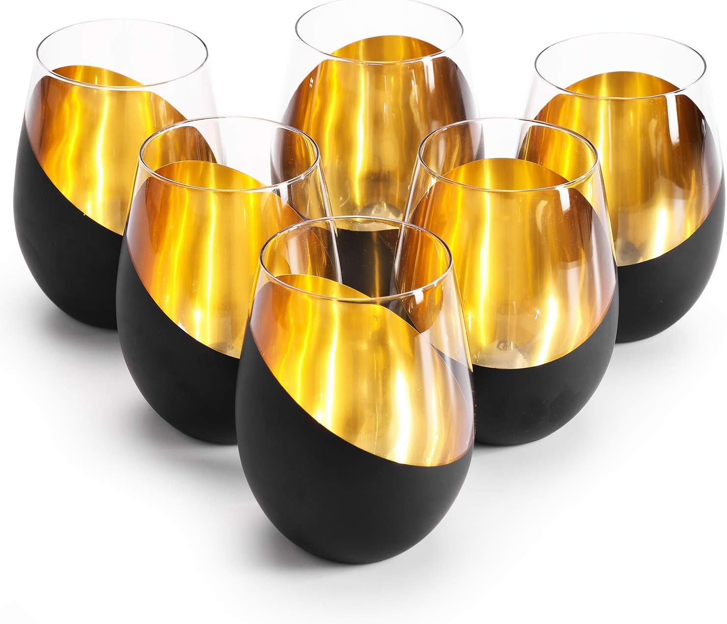 Modern Matte Black and Gold Stemless Wine Glasses Set of 6