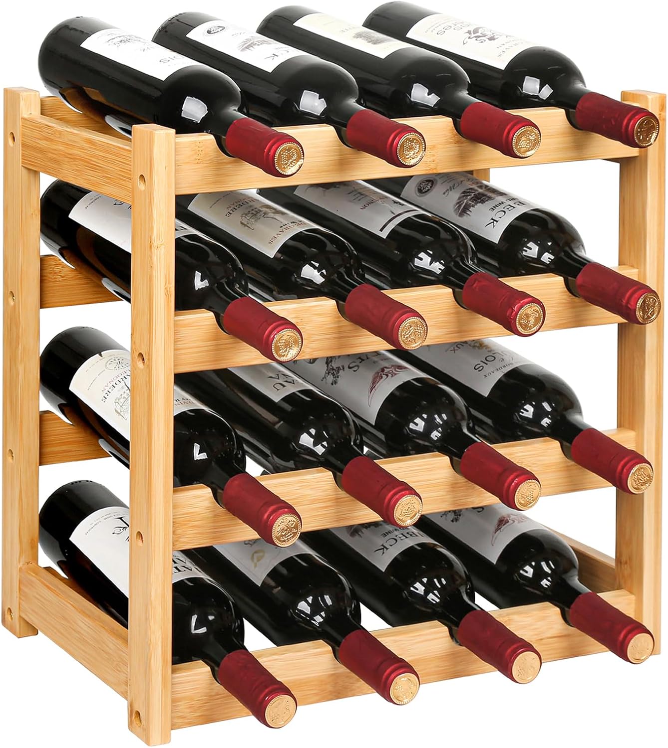 Sturdy 4-Tier Bamboo Wine Rack for 16 Bottles Storage