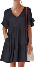 ANRABESS V Neck Ruffle Sleeve Tiered Mini Dress - Flowy Casual Fit
