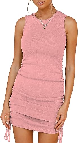 BTFBM Women Sleeveless Bodycon Ruched Short Dress for Summer