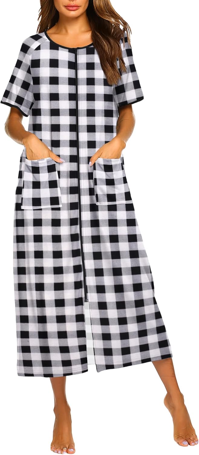 Ekouaer Women Robes Zipper Front Short Sleeve Full Length Housecoat