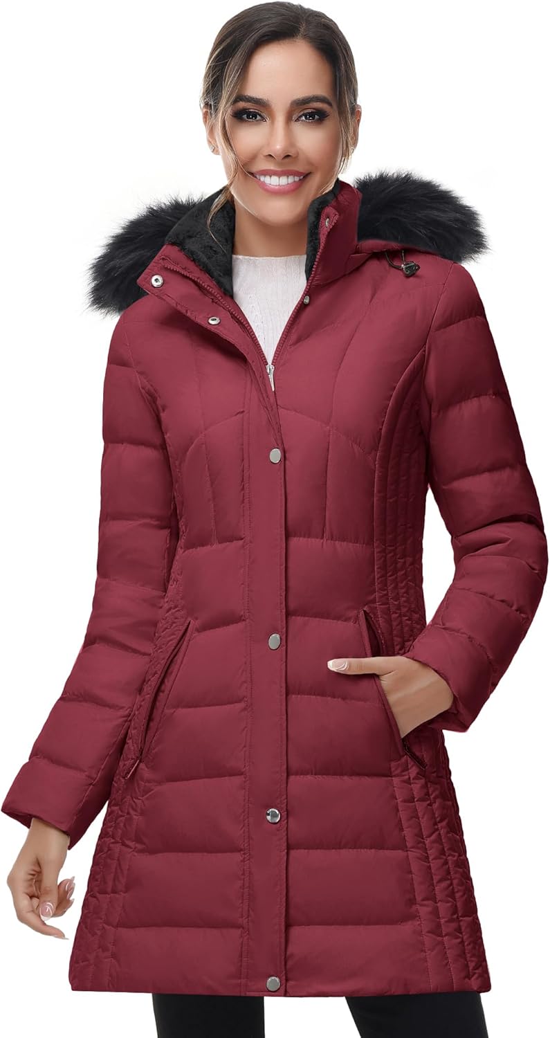 Warm Women Winter Down Puffer Coat with Faux Fur Trim Hood