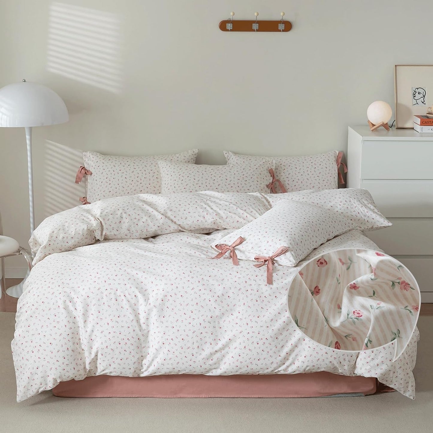 VM VOUGEMARKET Full Duvet Cover Set with Pink Flower Stripes