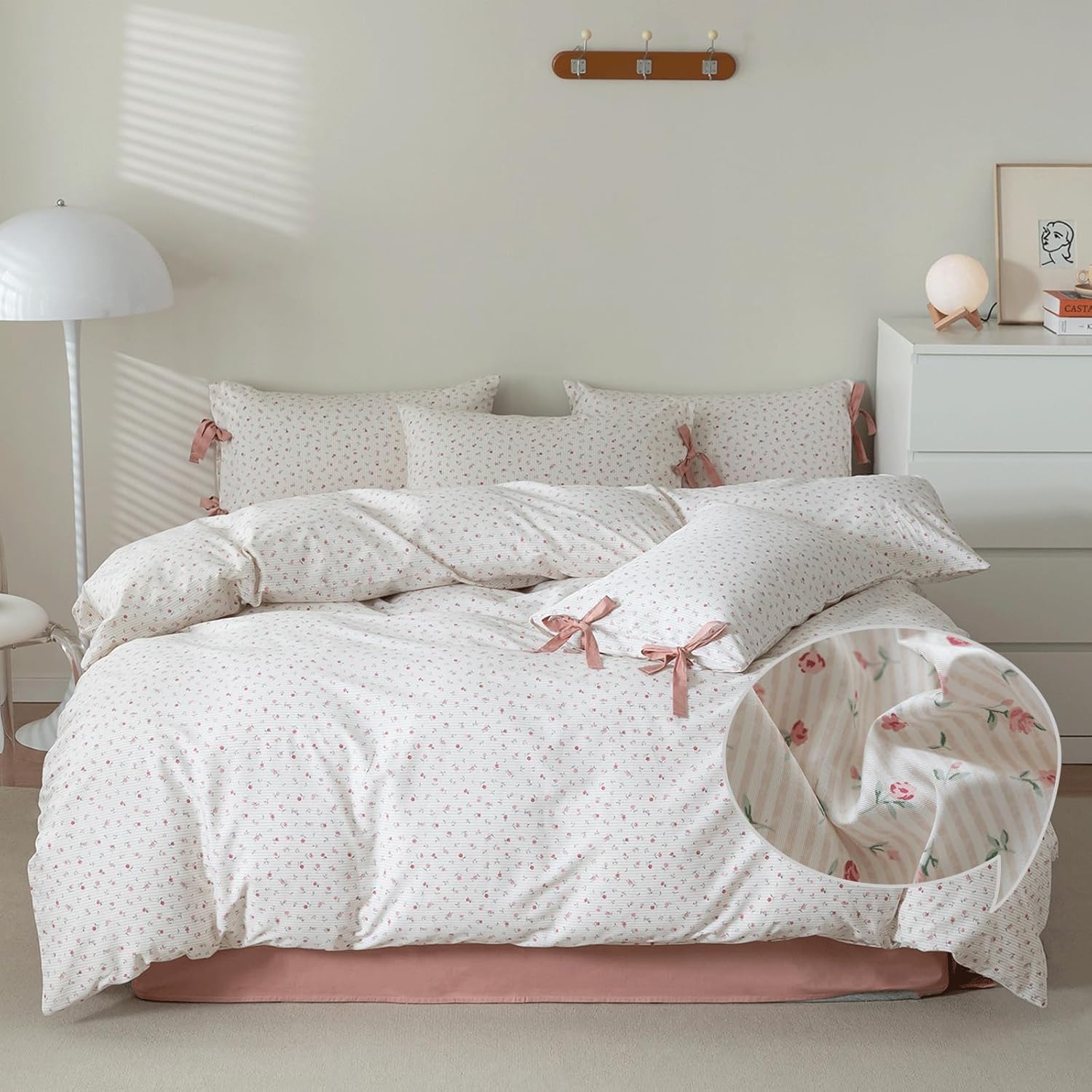 VM VOUGEMARKET Full Duvet Cover Set with Pink Flower Stripes