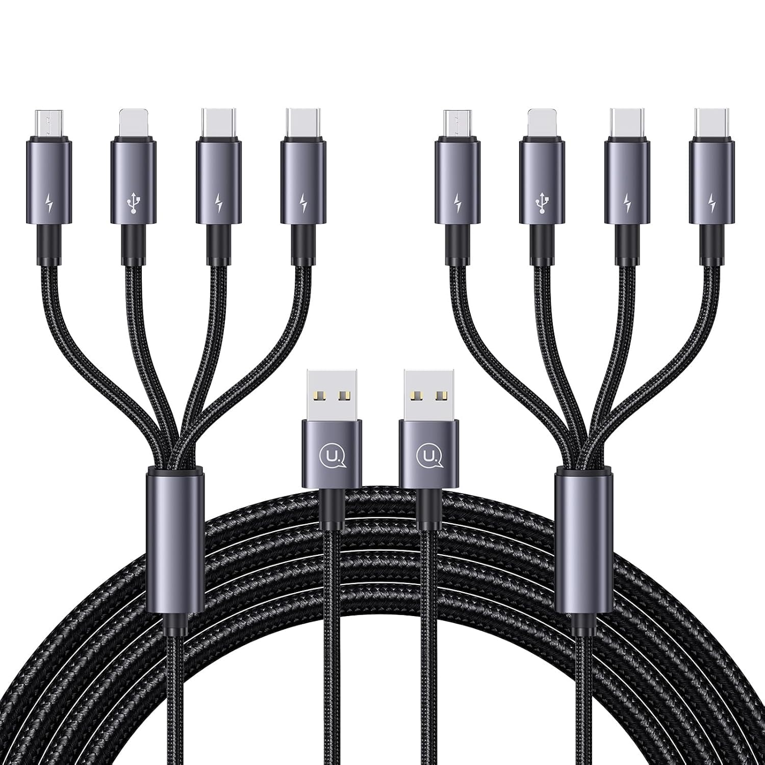 Fast Charging 4-in-1 Cable Duo - 2Pk 4Ft IP/Type C/Micro USB