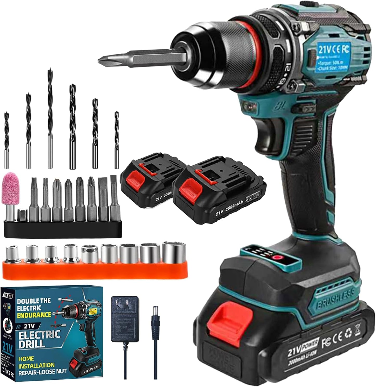 21V Cordless Power Drill Set for Home Use with 2 Batteries