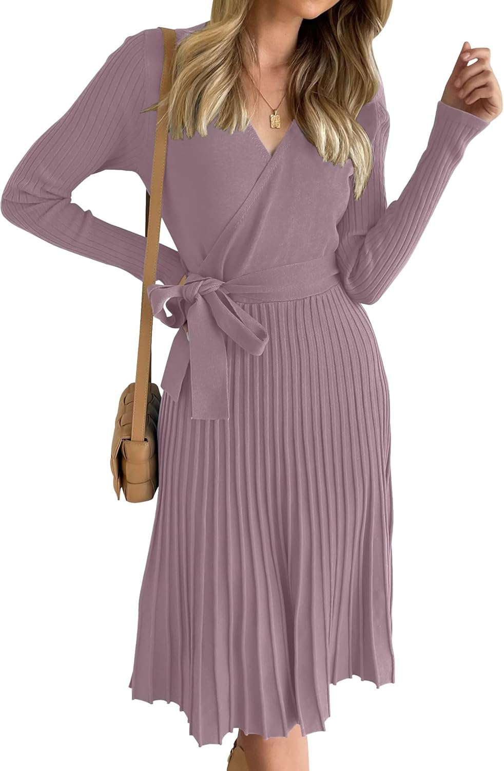 ZESICA Women's Fall Long Sleeve Wrap V Neck Sweater Dress