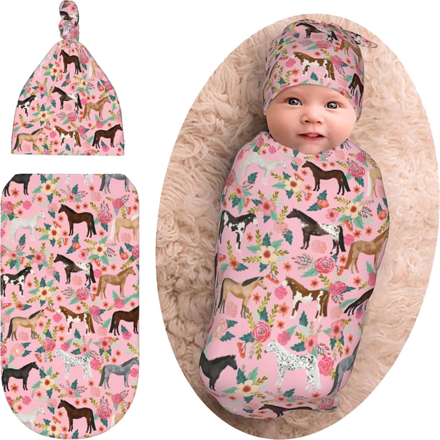 Soft Pink Horse Swaddle Set for Baby Girls