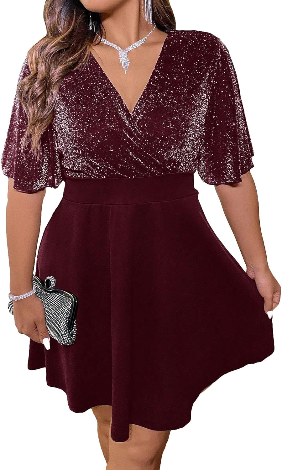 Floerns Women's Plus Size Glitter Wrap V Neck Short Sleeve Dress
