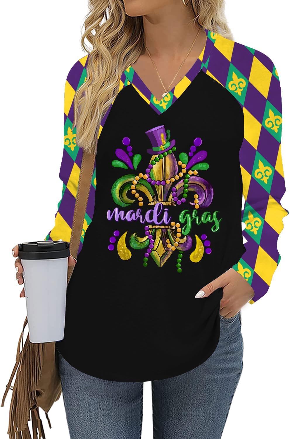 Mardi Gras Festivity: Funny Mask Graphic V-Neck Tee by CAZYCHILD