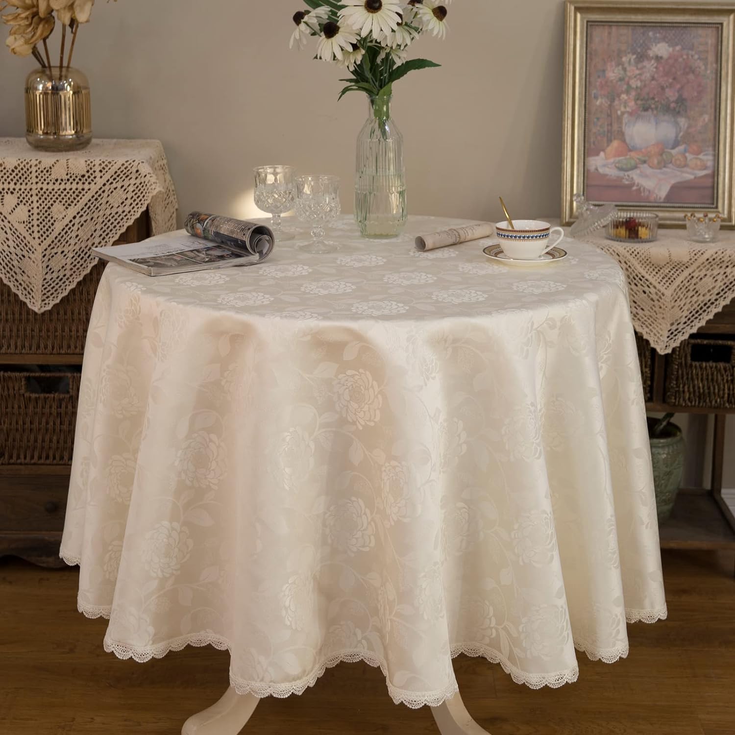 Round Tablecloth Waterproof Lace Trim for Elegant Dining Decor