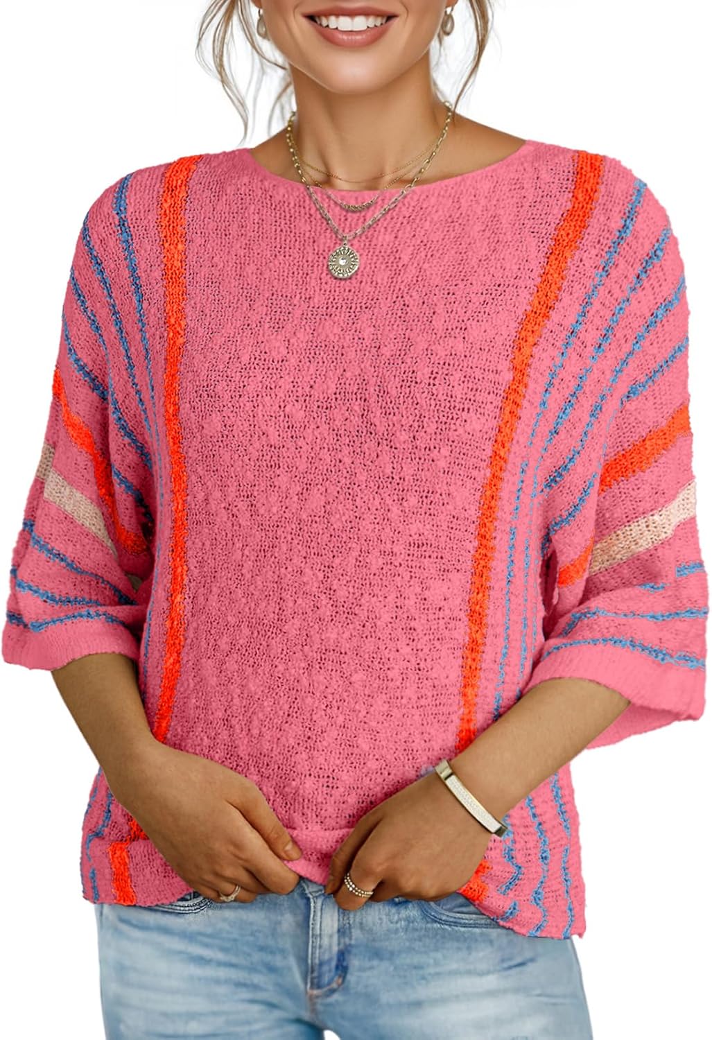 Dokotoo Womens Casual Crewneck Striped Lightweight Knit Tops