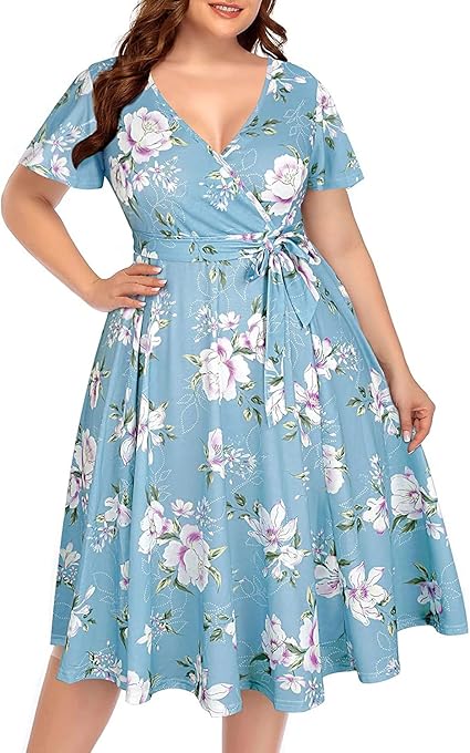 Plus Size Wrap V Neck Midi Casual Wedding Guest Dress Review