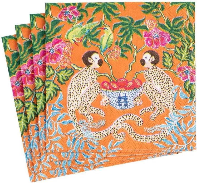 Caspari Orange Monkey Cocktail Napkins - Set of 20