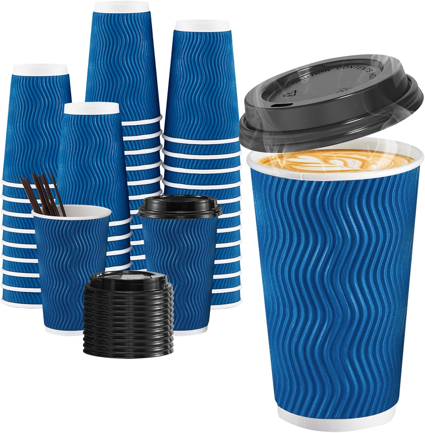 16 oz Disposable Coffee Cups with Lids and Straws - 90 Pack