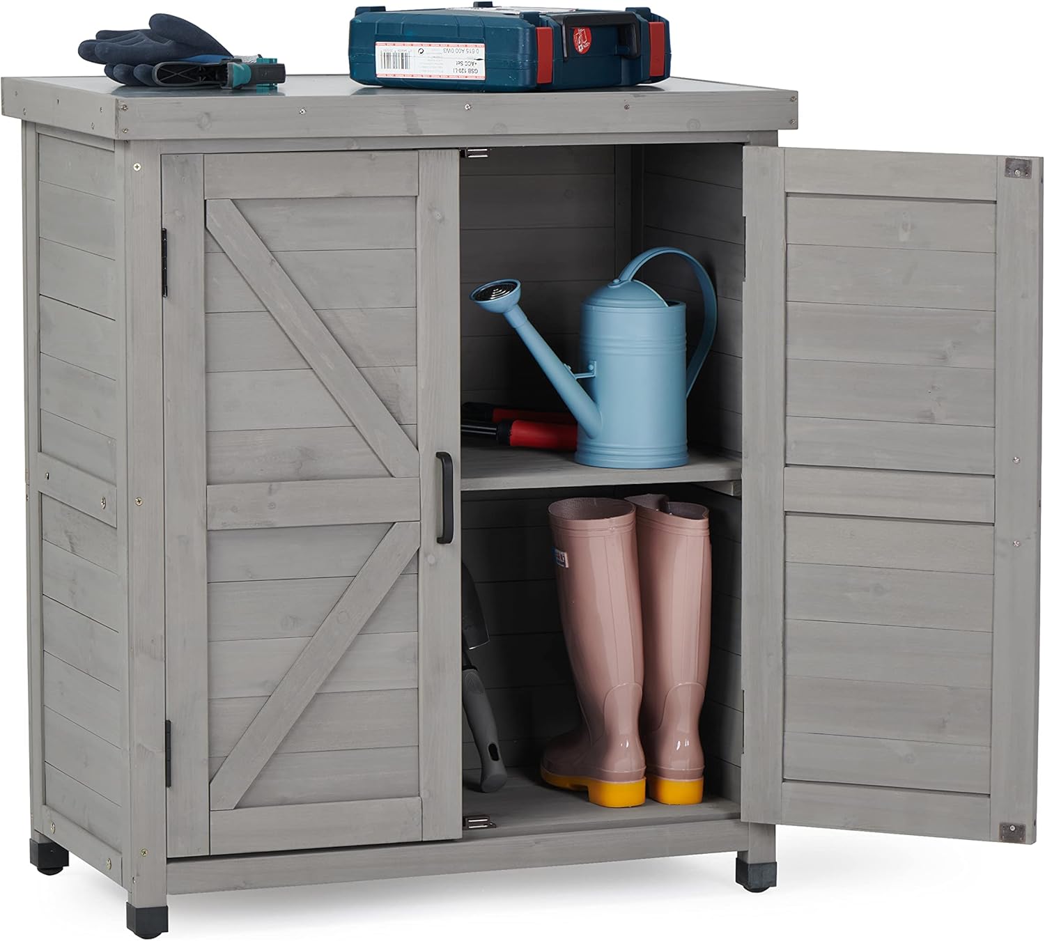 Outdoor Potting Bench with Storage Cabinet and Metal Top
