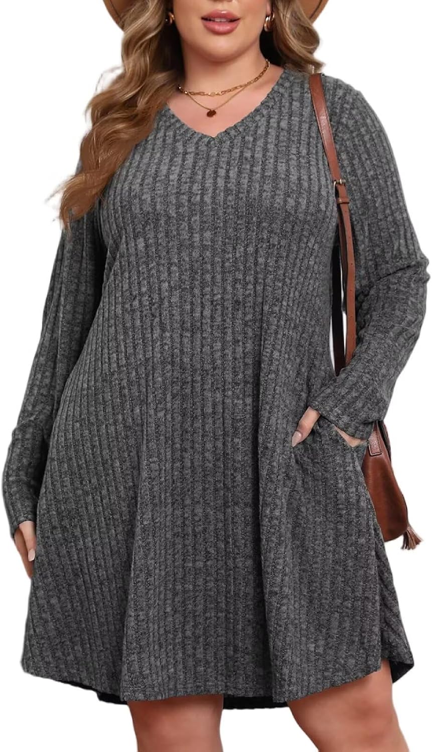 Plus Size Sweater Dress for Women with Pockets and V Neck