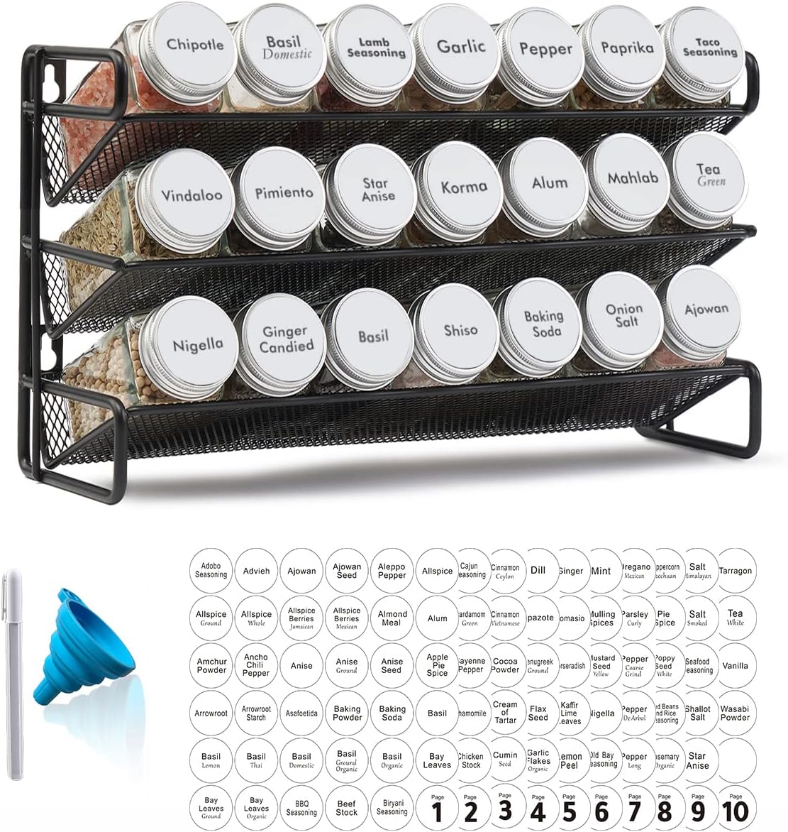 SpaceAid Spice Rack Organizer with 21 Jars and Labels Set