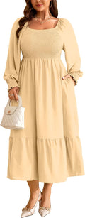 Women's Plus Size Fall Smocked A Line Maxi Dress - Flowy Boho Fit