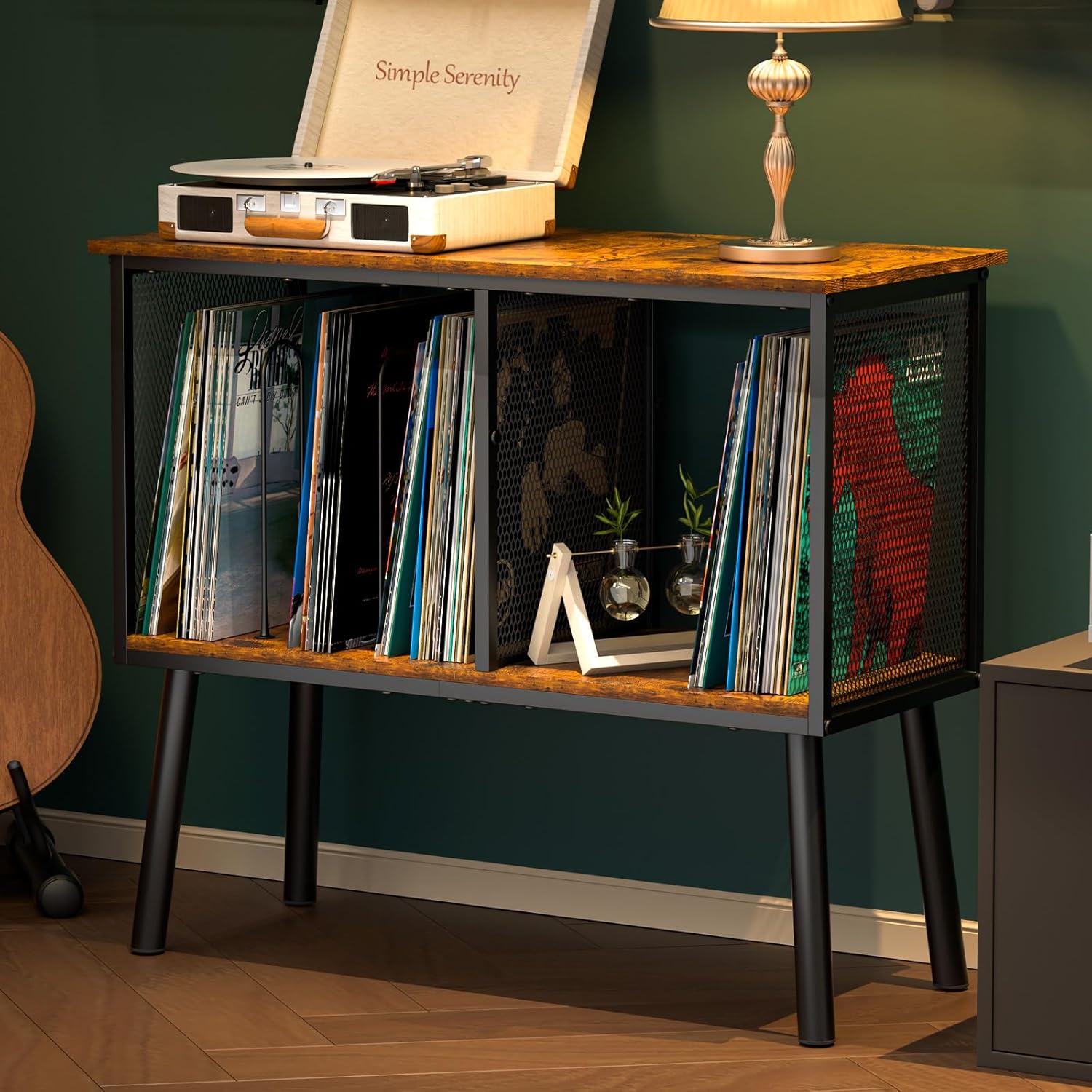 Record Player Stand with Adjustable Divider for Vinyl Storage