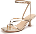 Women's Kitten Heel Strappy Open Square Toe Thong Ankle Strap Heels no