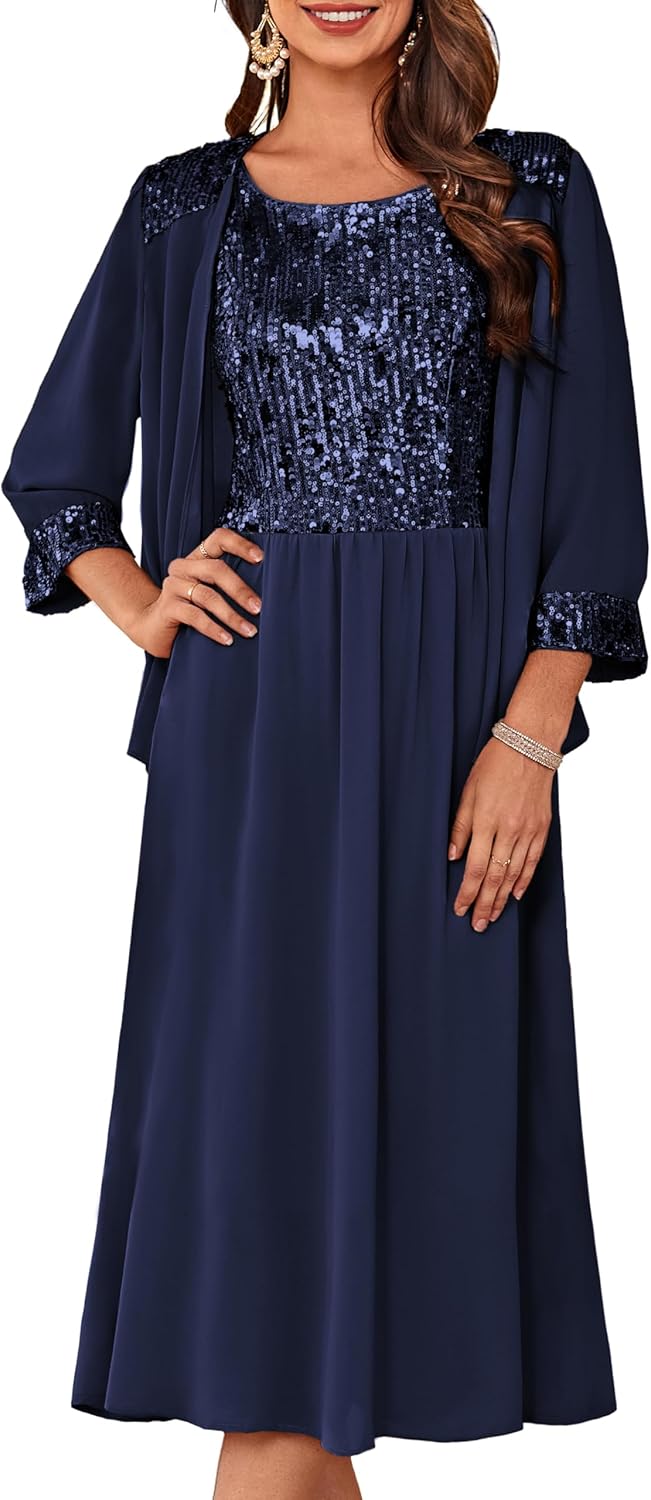 Elegant Two Piece Formal Sequin Dress for Wedding Guests