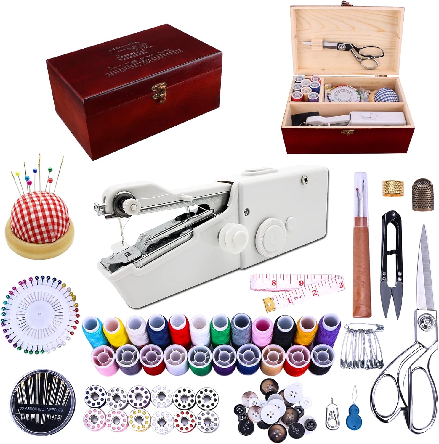 Handheld Sewing Machine with Wooden Box and 153-Piece Kit