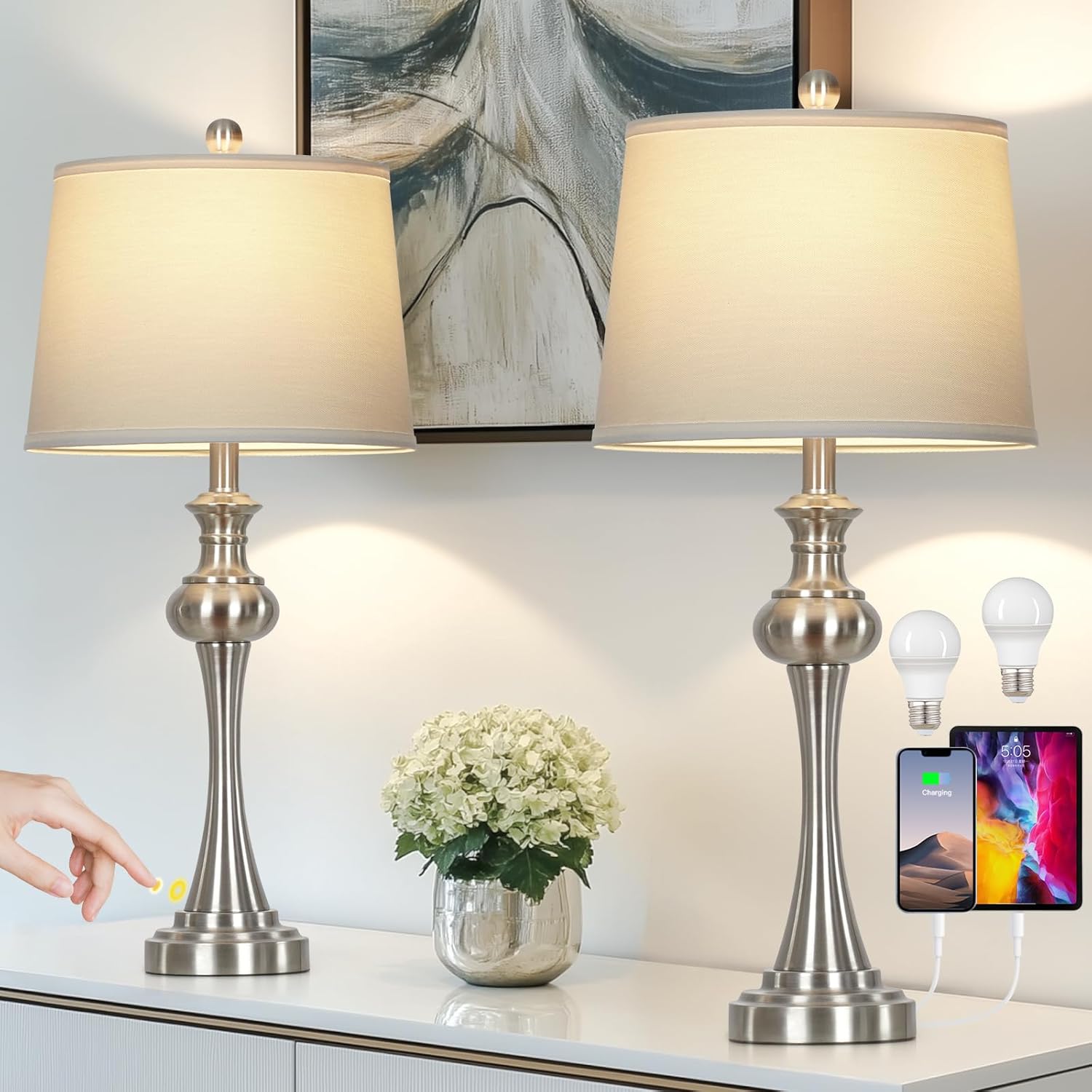 28.75in Silver Table Lamps Set of 2 with Touch Control & USB Ports