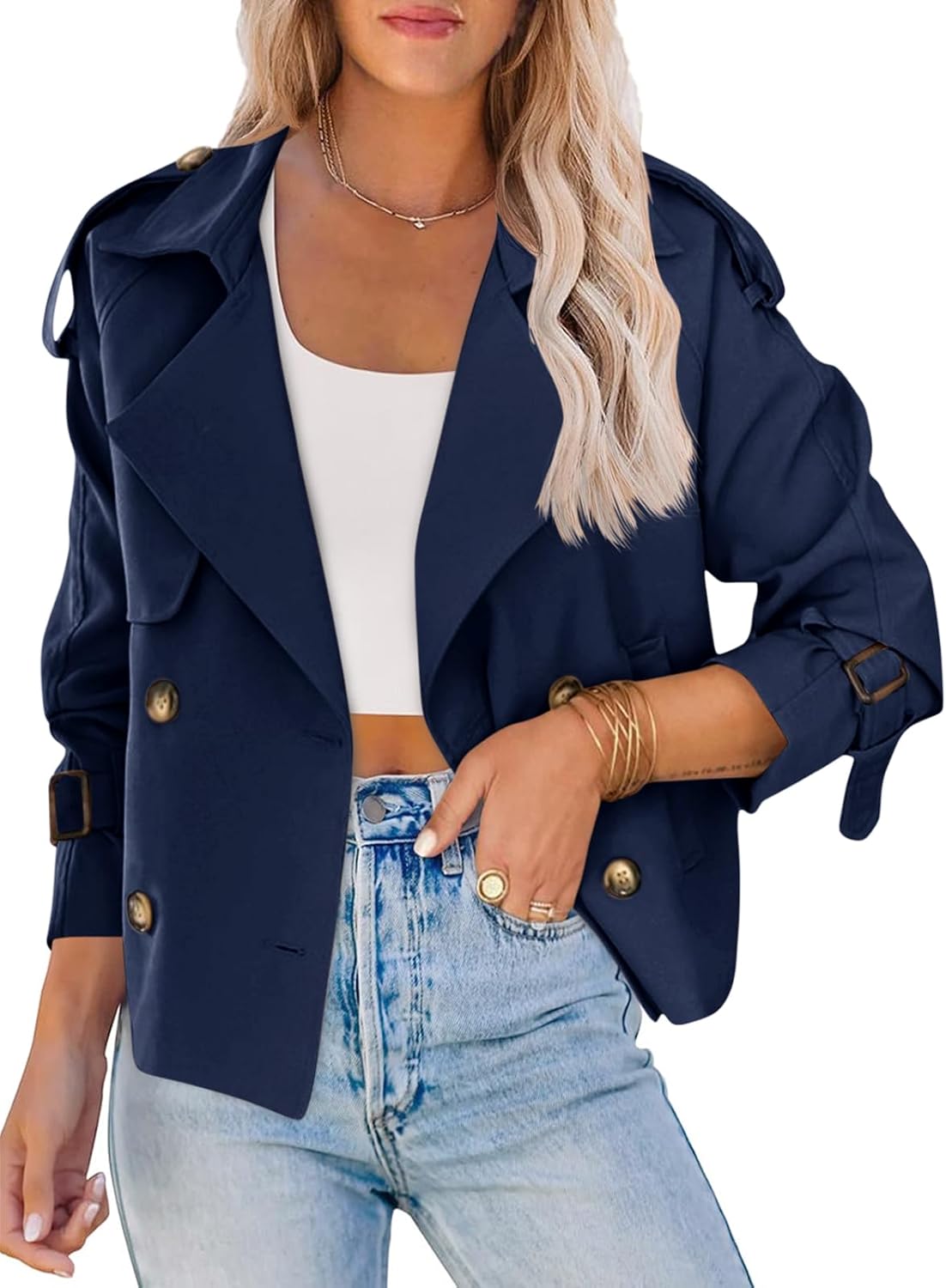 Stylish Women Crop Double Breasted Trench Coat for Office Wear
