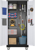71 in Broom Closet Storage Cabinet with Wheels and Pegboard - Rolling