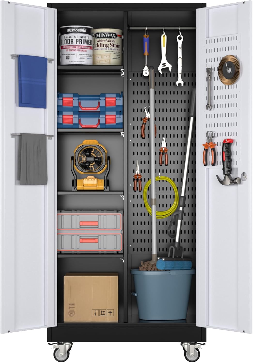 71 H Broom Closet Storage Cabinet with Wheels for Garage Use