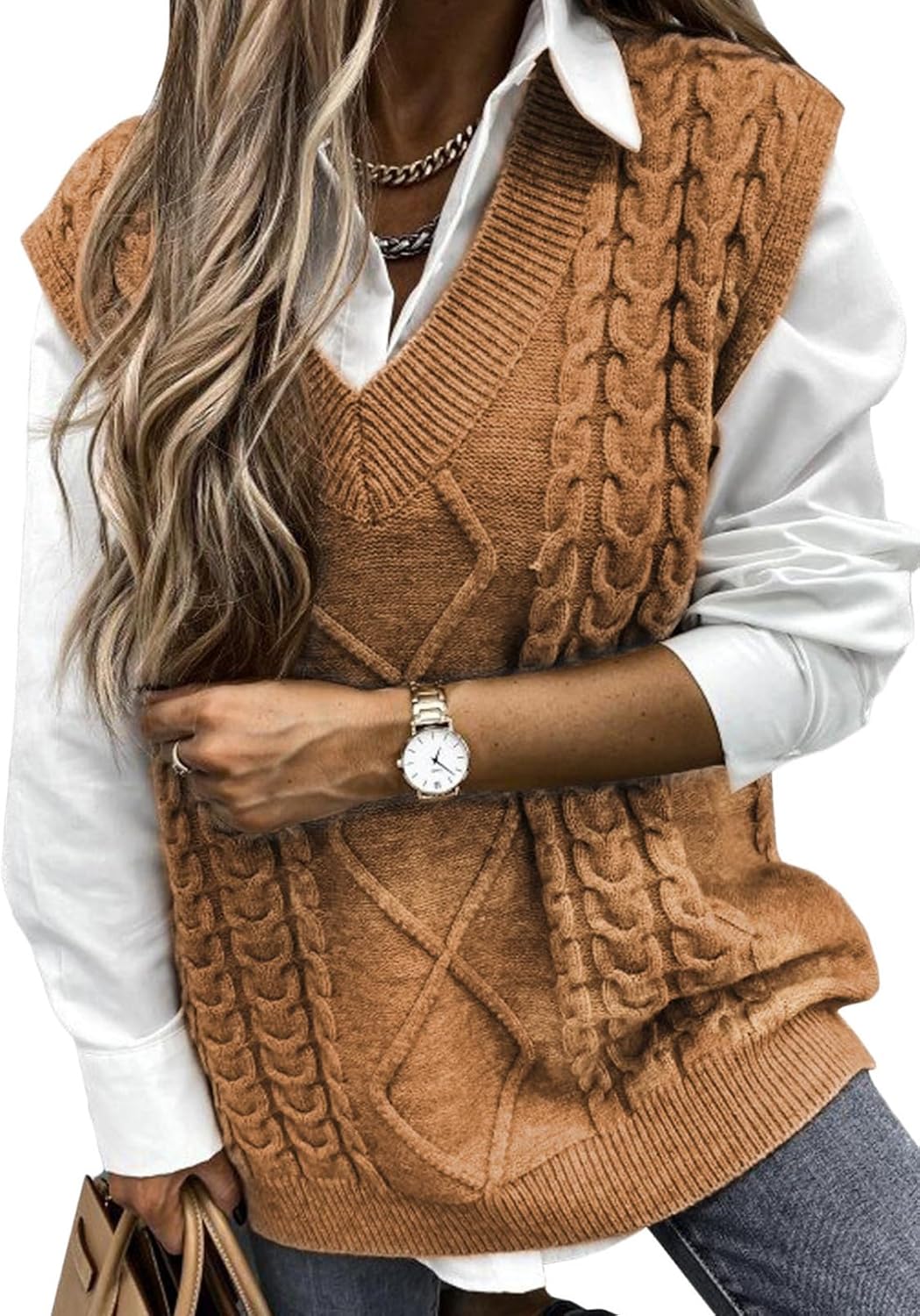 EVALESS Oversized Sweater Vest for Women - Stylish V Neck Top