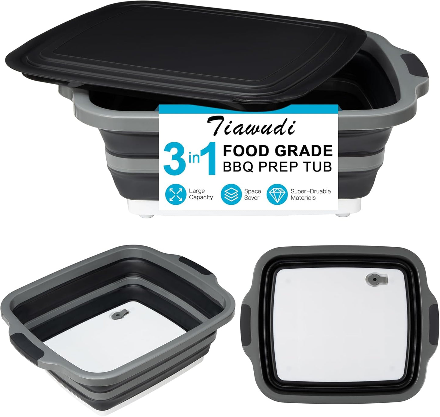 Tiawudi Large Collapsible BBQ Prep Tub with Lid for Camping