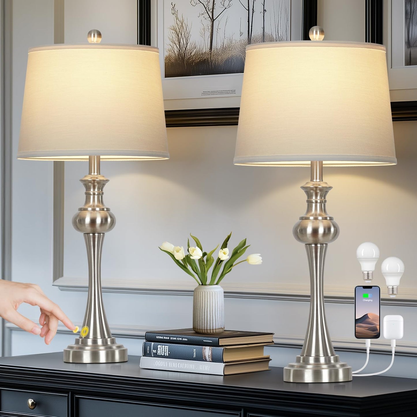 28.75in Silver Table Lamps Set of 2 with USB Charging Ports