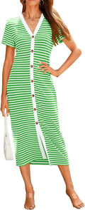 Women's Ribbed Knit Striped Midi Dress - Short Sleeve Summer Fit